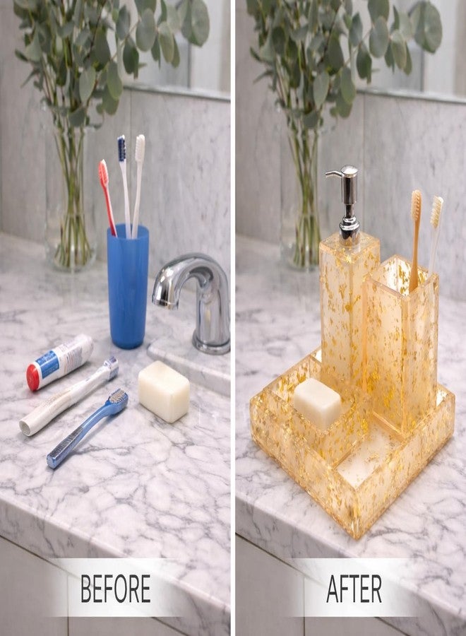 Green Decor Delux Resin Bathroom Accessories Set of 4 | Modern Bath Set with Tray, Liquid Soap Dispenser, Tooth Brush Holder & Soap Tray Luxury Gift Accessory Set with Stone Texture | Gold - Image 4